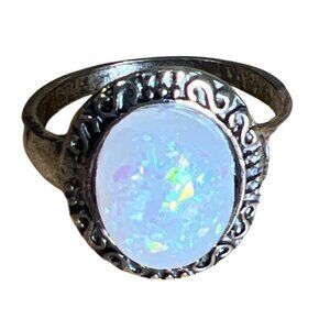 Vintage Silver-Tone Ring  Opal Gemstone Intricate Band  Approx sz 9 Southwestern